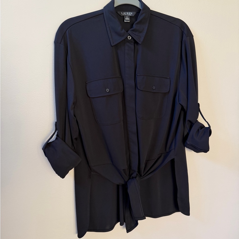 Ralph Lauren Women’s Long Sleeve Cuffed Tie-Front Stretch Jersey Shirt Sz M